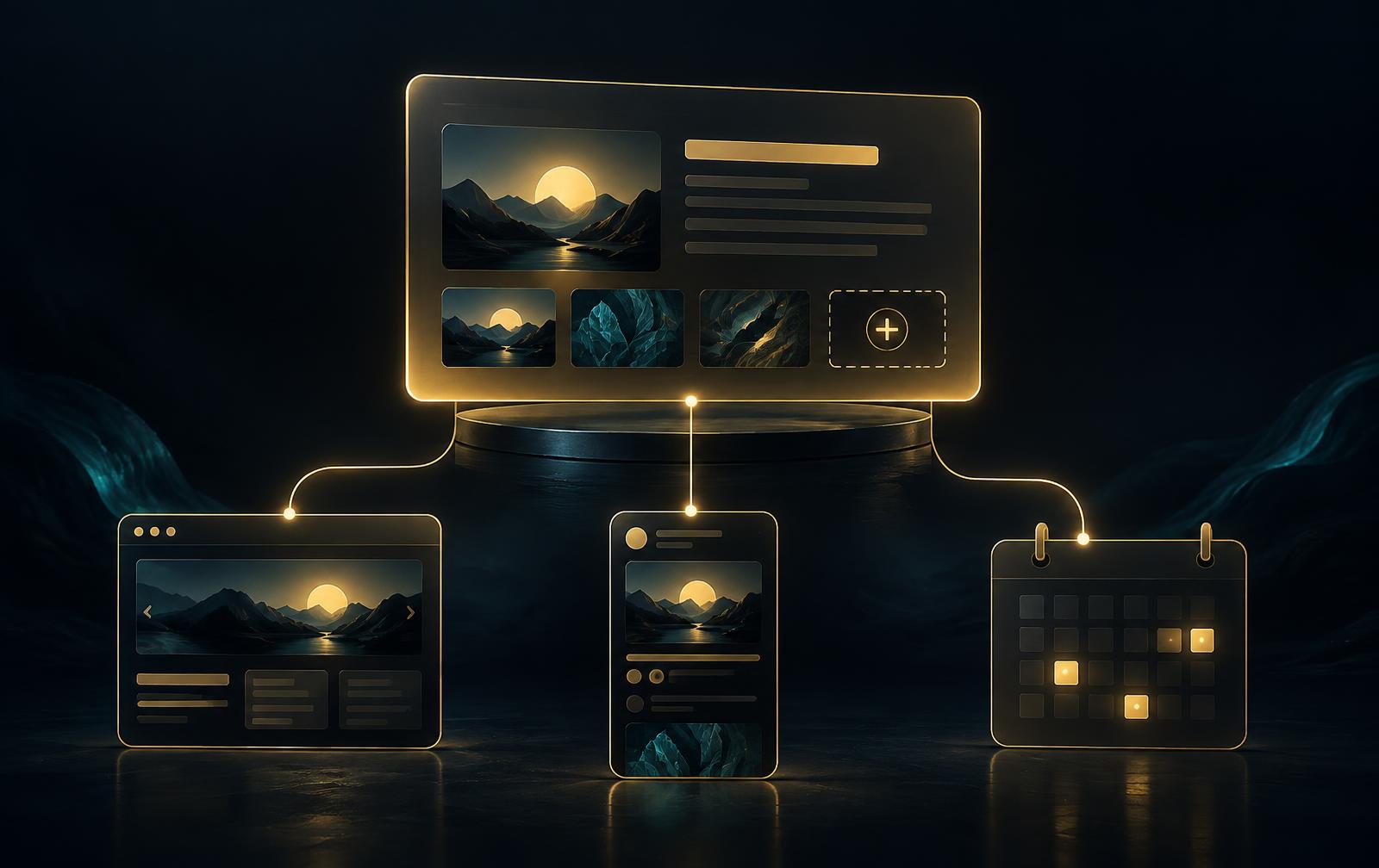 Darstellung eines Redaktions-Cockpits mit Verbindungen zu Website und sozialen Netzwerken